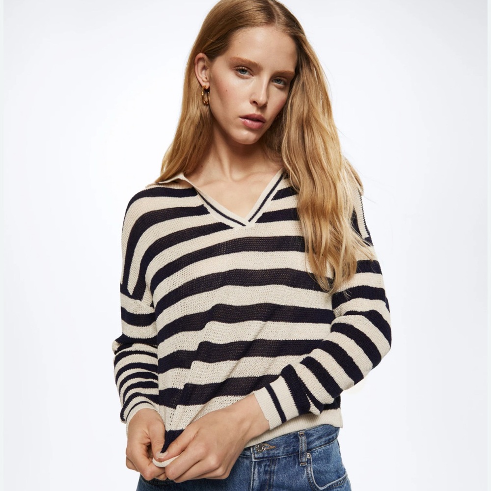 Mango Blue and Cream Striped Crew Neck Sweater